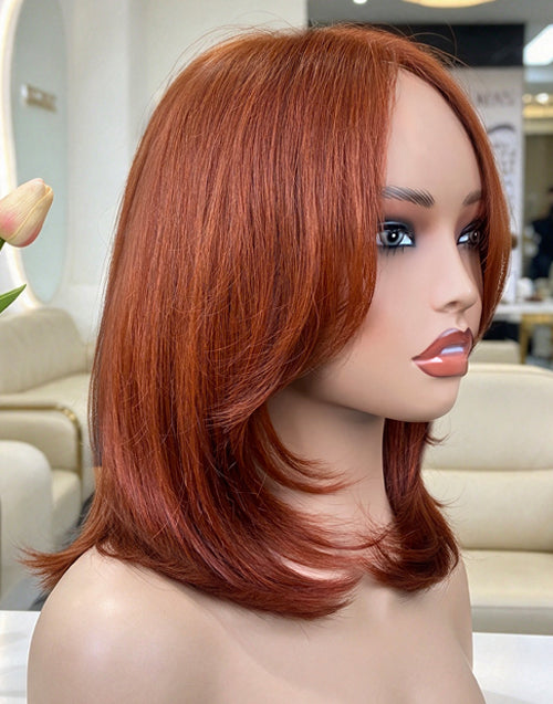 Hawa-Copper Red Layer Cut Wavy Bob Wig With Curtain Bangs Glueless Mid-Length Luxury Wig