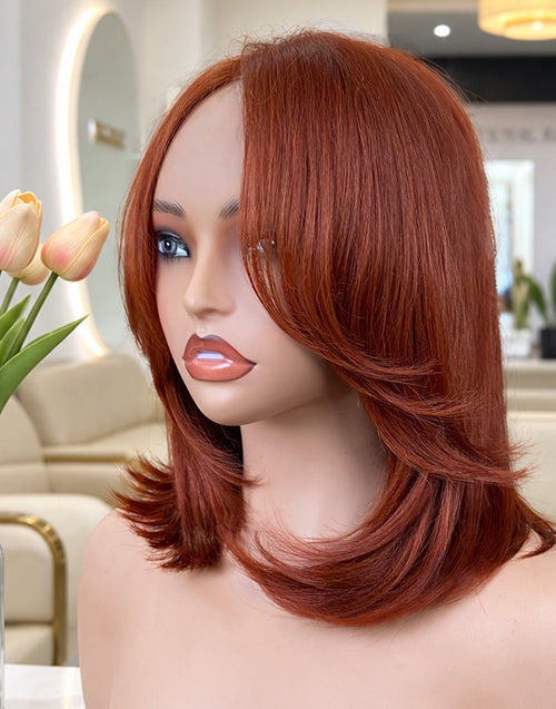 Hawa-Copper Red Layer Cut Wavy Bob Wig With Curtain Bangs Glueless Mid-Length Luxury Wig