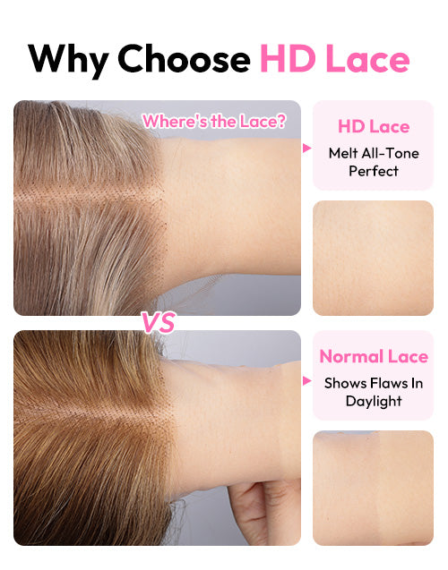 HD lace vs normal lace comparison showing an invisible lace finish for a natural looking wig.