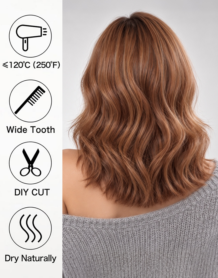 Product care guide for a wavy copper brown with highlights wig.