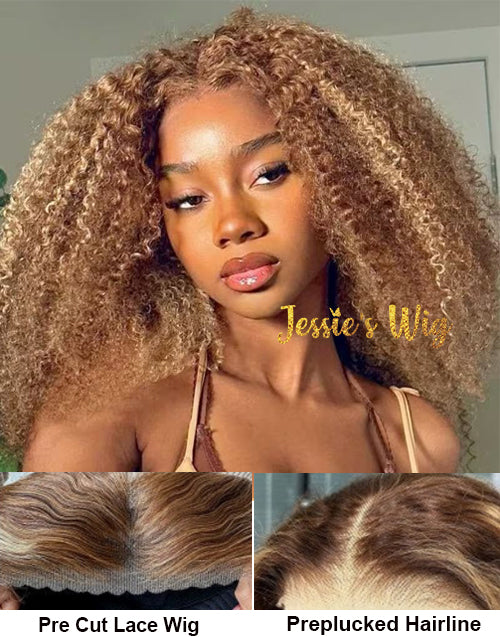 18" Highlight Finger Coily Curly Wigs 7X5 Pre Cut Lace 200% Density Flash Deal