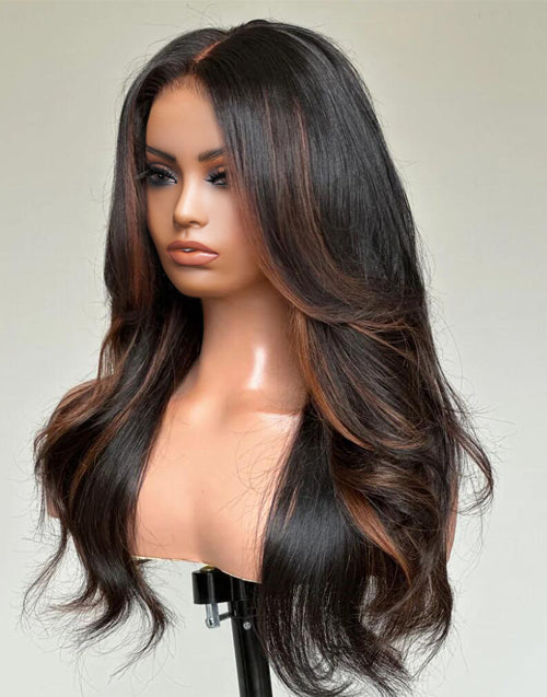 Thalia- Glueless Pull Go Wig Highlight Brown Layer Cut Wavy 13x5 Pre Everything Human Hair Wig