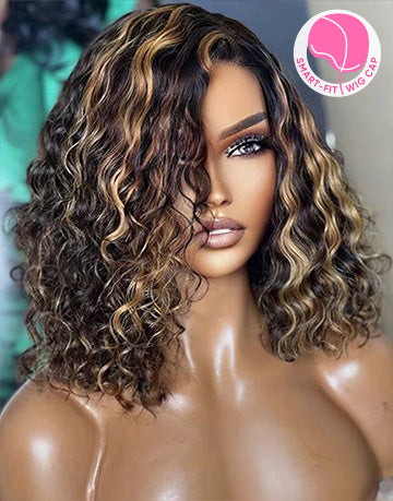 A shoulder-length highlight deep curly bob human hair wig on a mannequin head