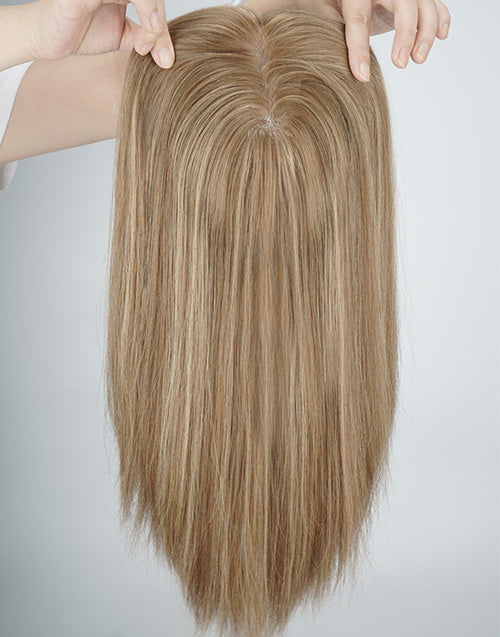 Top view of a highlighted blonde (#R8-26/8) straight human hair topper featuring a realistic scalp hairline and natural parting detail.