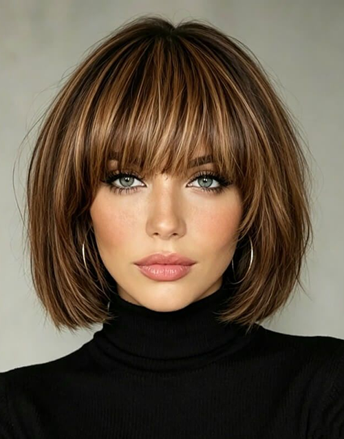 A woman displaying a chic, neck-length textured brunette bob haircut with soft honey brown highlights and full, eyebrow-skimming bangs.