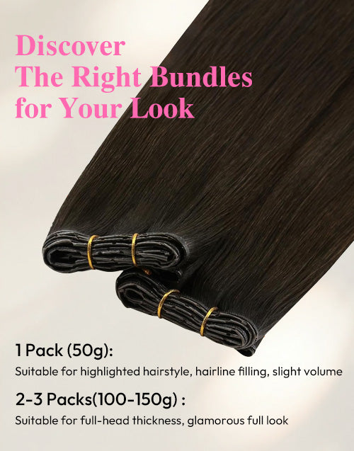 Infographic guide on choosing hair bundle packs: 1 pack (50g) for slight volume and highlights; 2-3 packs (100g-150g) for a full-head thick hairstyle.