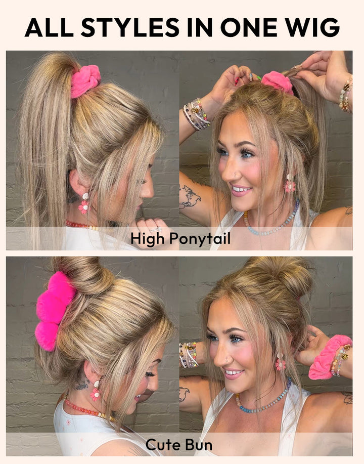 Styling guide collage showing all styles in one wig