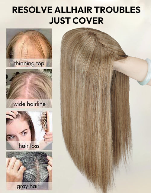 Blonde human hair topper infographic showing instant coverage