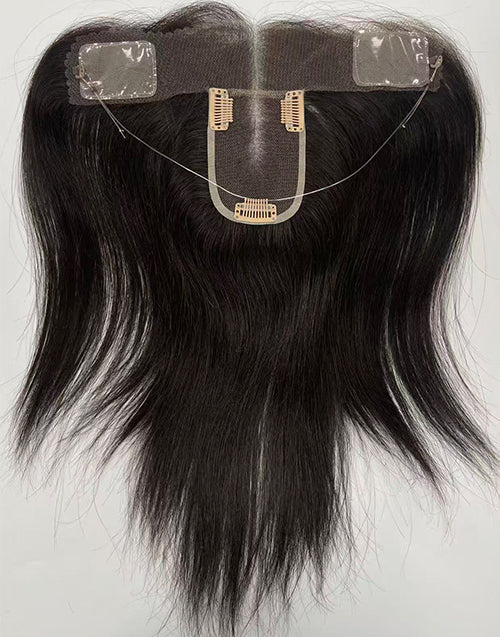 Underside base view of black hybrid hairline topper featuring full HD Swiss lace, halo wire, and clip-in anchors.