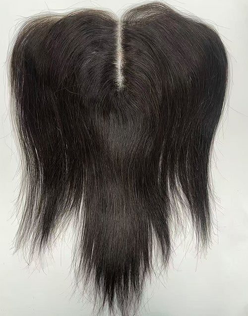 Top view of black hybrid hairline topper showing realistic scalp parting, invisible HD Swiss lace, and natural human hair.
