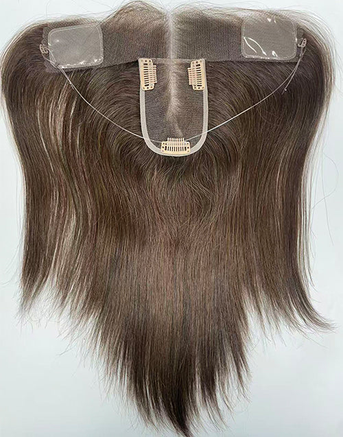 Underside base view of brown hybrid hairline topper featuring full HD Swiss lace, halo wire, and clip-in anchors.