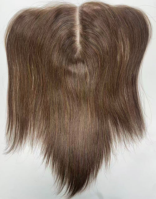 Top view of dark brown hybrid hairline topper showing realistic scalp parting, invisible HD Swiss lace, and natural human hair.