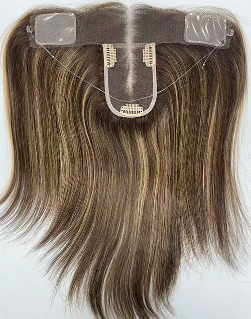 Underside view of hybrid hairline topper showing full HD Swiss lace base, adjustable halo wire, and secure clip-in attachments.