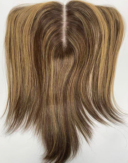 Top view of hybrid hairline topper showing realistic scalp parting, invisible HD Swiss lace, and natural balayage human hair.