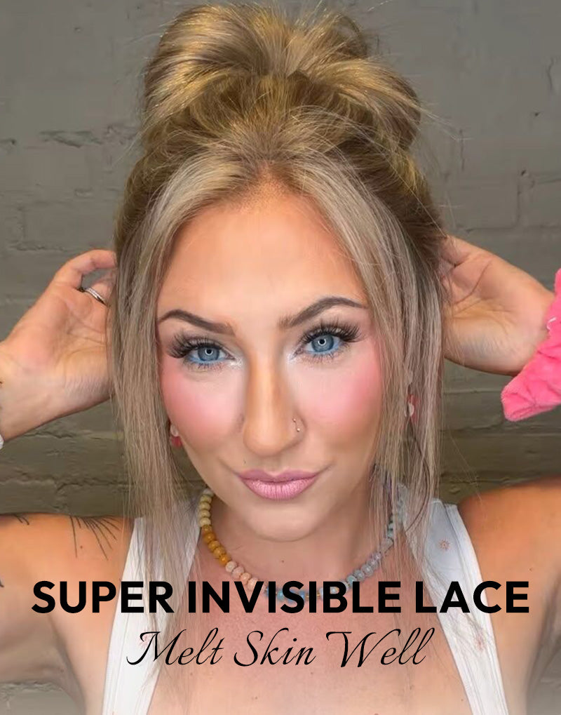 Close-up demonstration of super invisible lace wig showing a seamless melted hairline and natural parting in a messy bun updo.