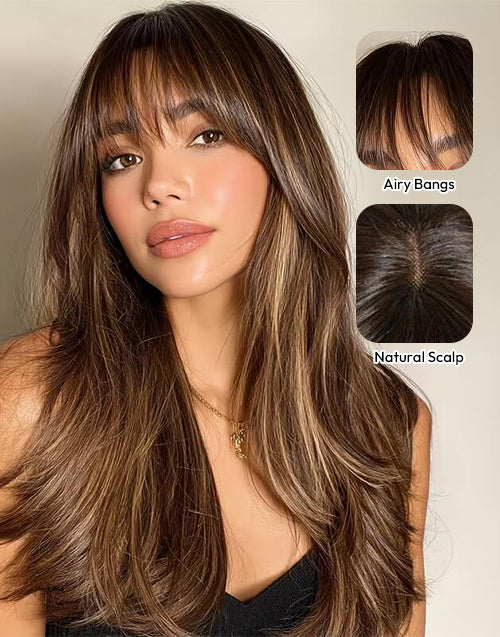 Jenecia- Honey Brown Highlight Straight Layered Wig With Bangs 5.5x5.5 Lace