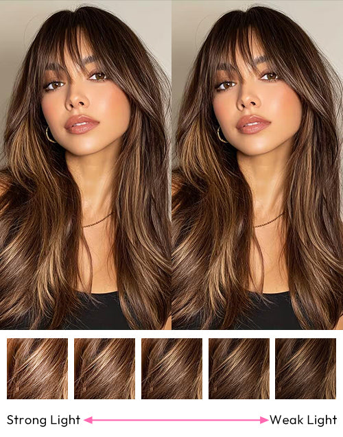 Side-by-side color comparison of the Jenecia Honey Brown Highlighted human hair wig under strong natural light versus weak, indirect lighting.