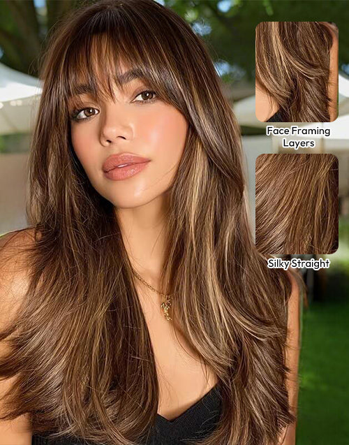 Worldwide Dispatch 3-7 Days|Minimalist Lace Highlight Honey Brown Straight Layered Wig With Bangs