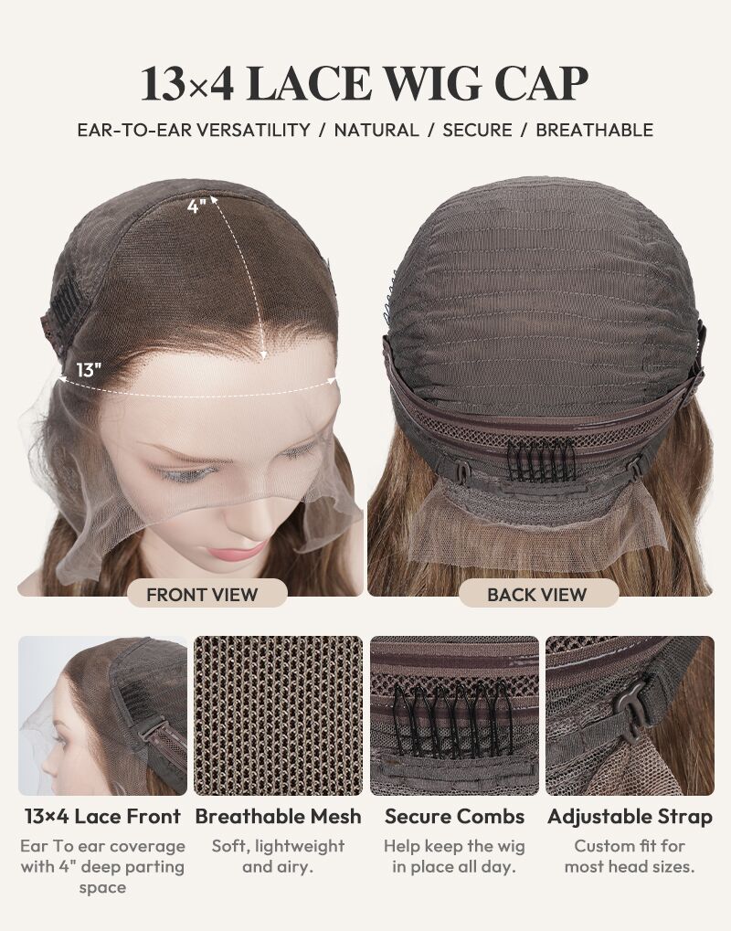 Front and back view diagram of 13x4 lace front wig cap.