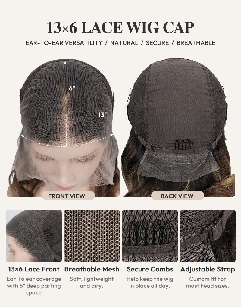 Front and back view diagram of 13x6 lace front wig cap