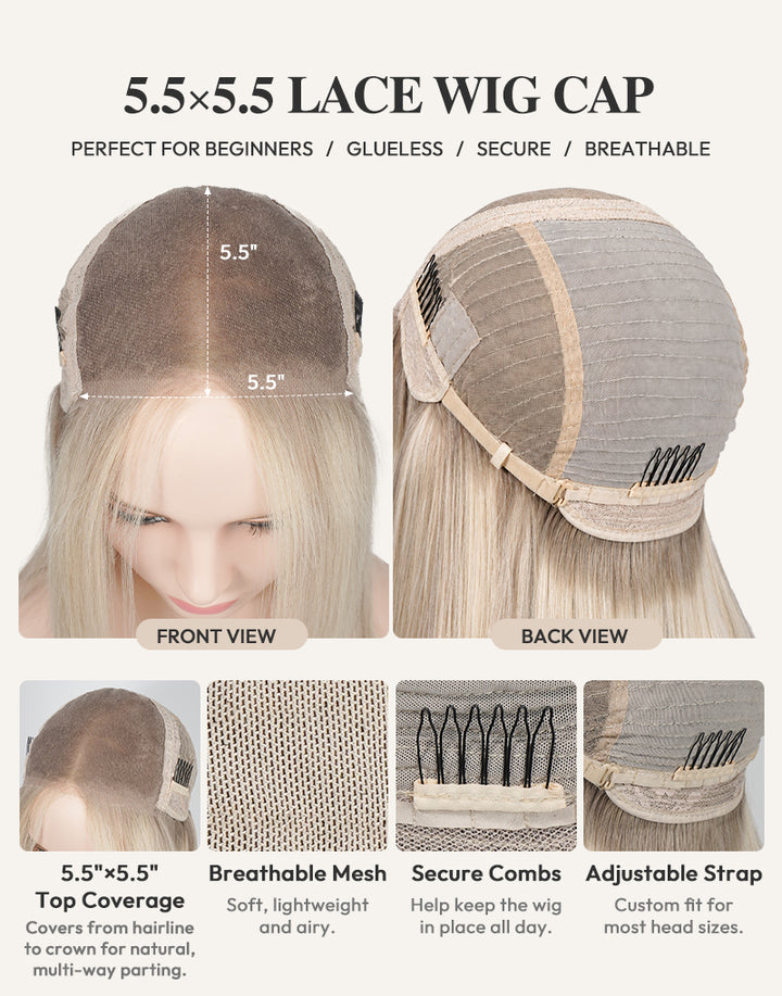 jessie's-wig-front and back view diagram of 5.5x5.5 glueless lace wig cap.