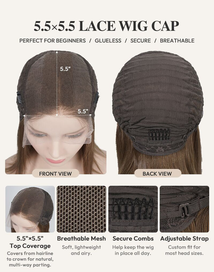 jessie's-wig-front and back view diagram of 5.5x5.5 glueless lace wig cap.