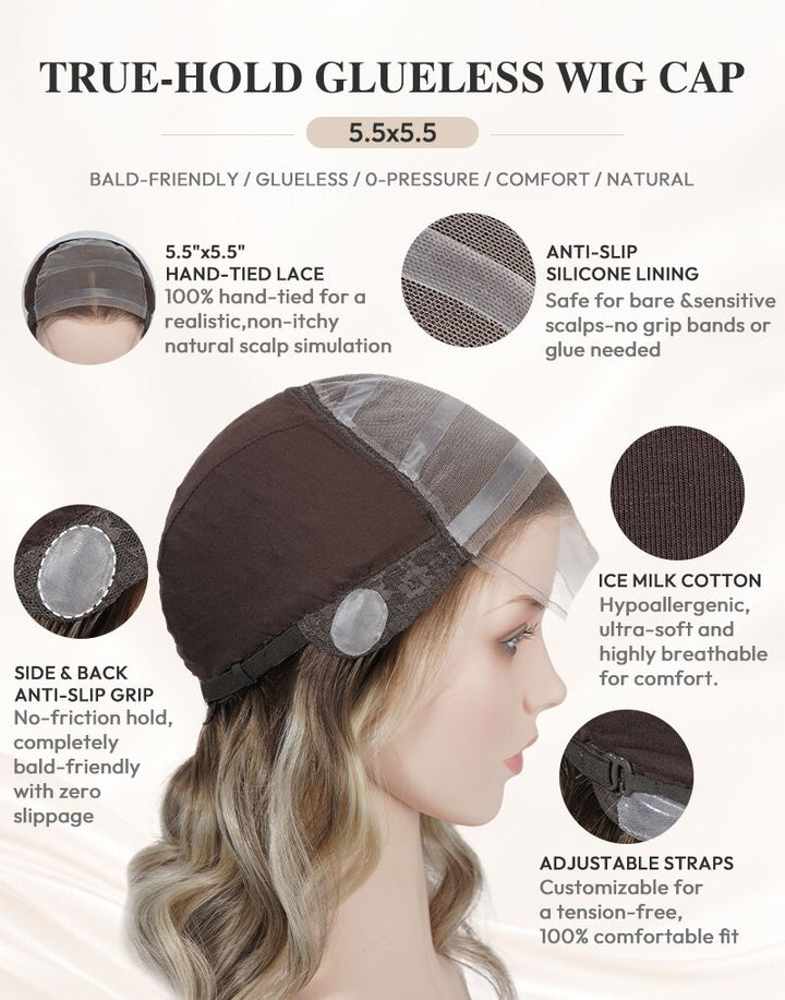 True-Hold Glueless Wig Cap feature diagram with 5.5x5.5 hand-tied lace