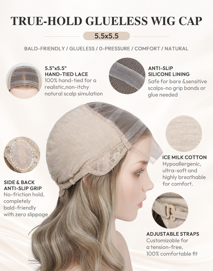 True-Hold Glueless Wig Cap feature diagram with 5.5x5.5 hand-tied lace