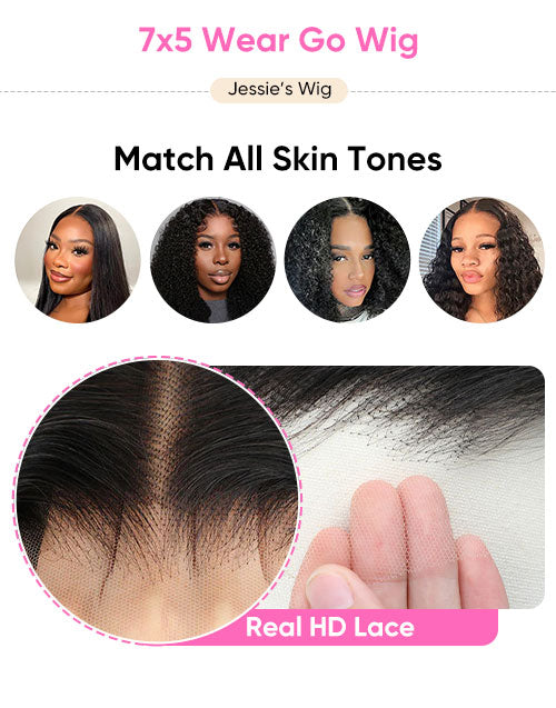 Jessie's Wig 7x5 Wear Go Wig infographic highlighting real lace that matches all skin tones.
