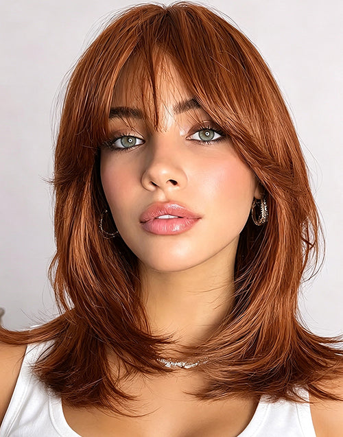 Beth- Burnt Orange Straight Layered Bob Wig With Curtain Bangs Minimalist Lace
