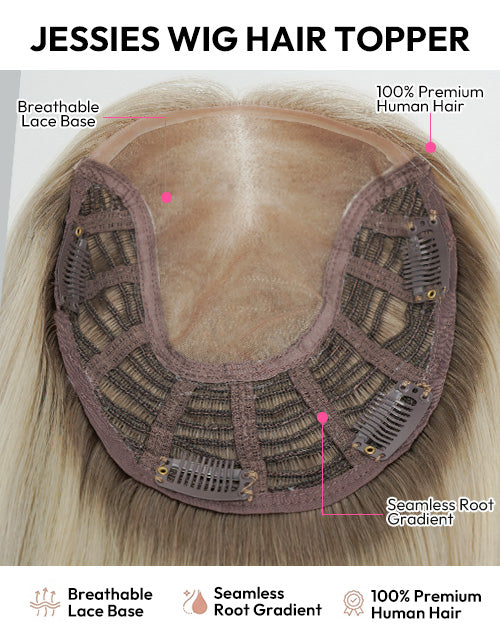 Inside view of Jessies Wig hair topper cap construction featuring 100% premium human hair, a breathable lace base, and seamless root gradient with secure clips.