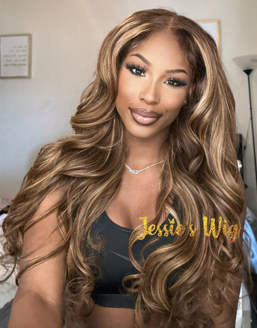 Front view of Jessie's Wig honey blonde highlight lace front wig featuring soft long waves