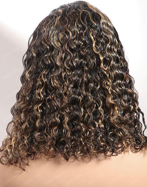 Back view of Jessie's Wig highlight honey blonde short deep curly bob human hair wig