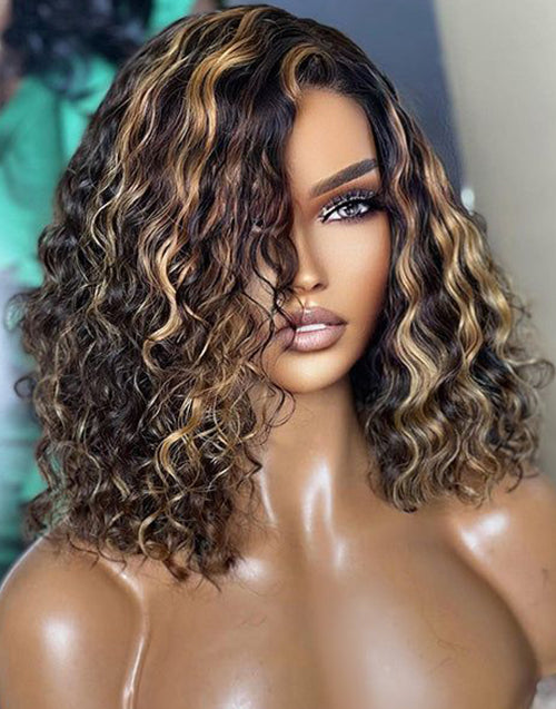 Frontal model view of Jessie's Wig short deep curly bob human hair wig with honey blonde highlights and natural shoulder-length bounce.