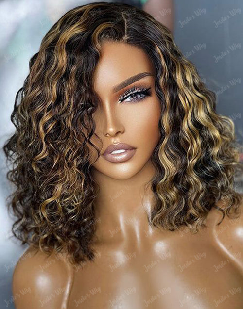 Front view of Jessie's Wig highlight honey blonde short deep curly bob human hair wig