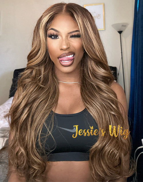 Real customer showing Jessie's Wig honey blonde highlight lace front wig with long loose wavy hair