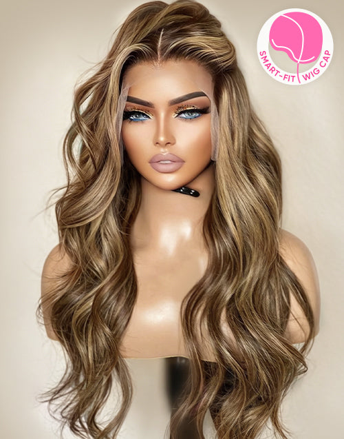 Frontal model view of Jessie's Wig long highlight wavy human hair lace front wig