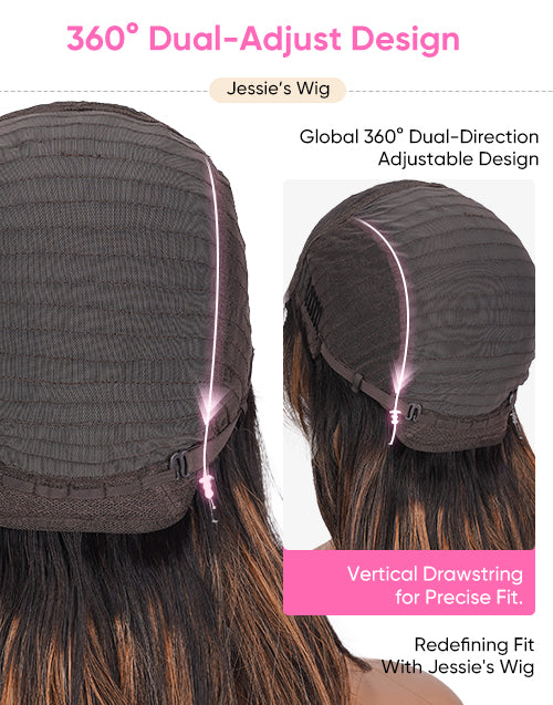 Jessie's Wig Monica Smart-Fit wig cap infographic showcasing 360 dual-adjust design with vertical drawstring for precise fit and glueless security.