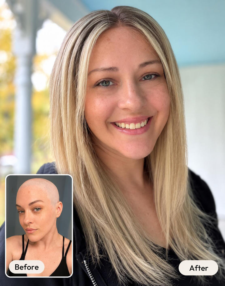 Before and after transformation featuring Samina ombre ash blonde glueless wig with layered straight hair.