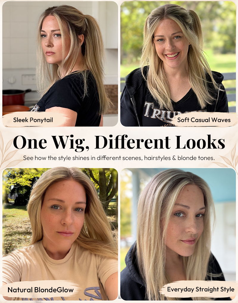 Samina ash blonde balayage glueless wig styled in different looks, hairstyles .