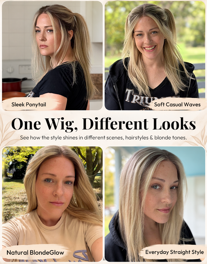 Samina ash blonde balayage glueless wig styled in different looks, hairstyles .