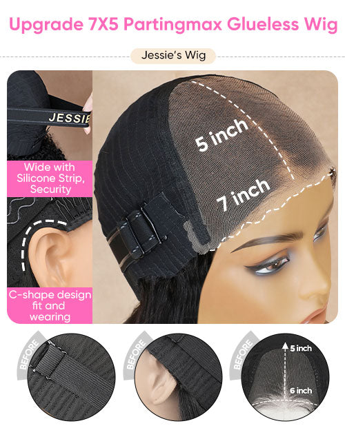 Jessie's Wig 7x5 Partingmax Glueless Wig cap construction infographic showing 7x5 inch lace parting space.