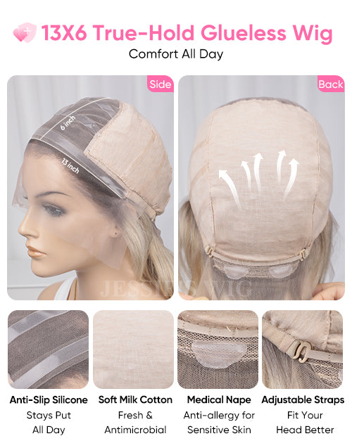 Product infographic of Jessie's Wig 13x6 True-Hold Glueless Wig Cap.