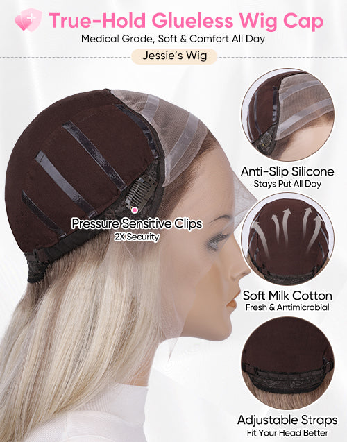 A technical product infograph of Jessie's Wig "True-Hold Glueless Wig Cap," highlighting the medical-grade, soft, and all-day comfort design.