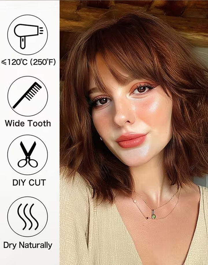 Care guide for Jose natural auburn wavy bob wig showing heat safe under 120°C, wide tooth combing, DIY cut, and natural drying.