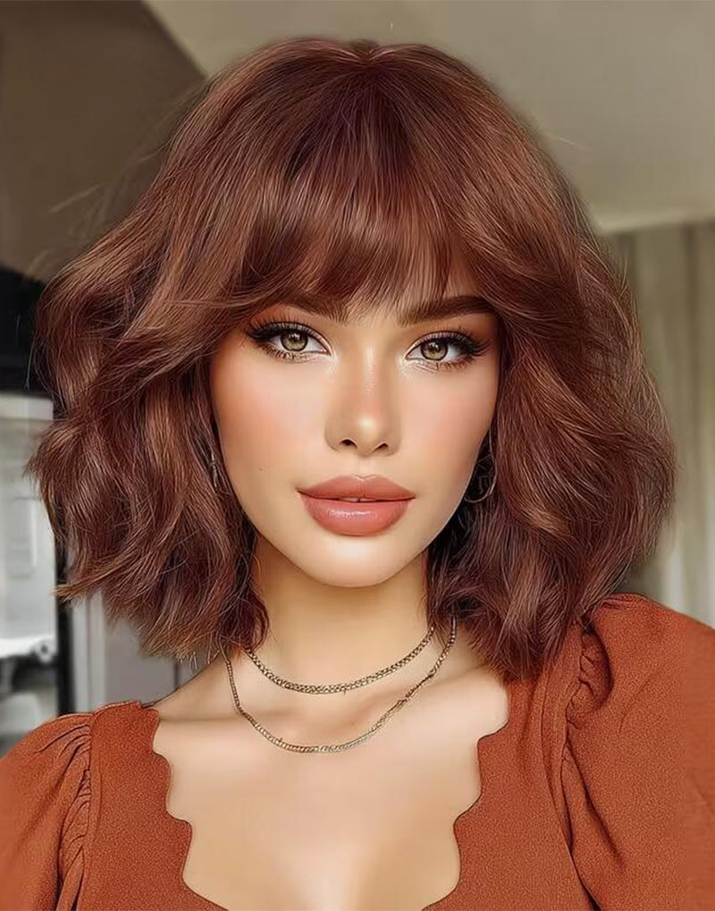Jose- Natural Auburn Wavy Glueless Wig With Curtain Bangs 6x5.5 Mono Lace