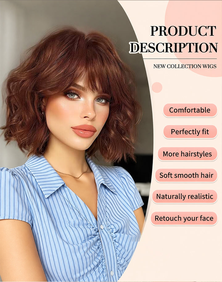 Product description card for Jose natural auburn wavy bob wig highlighting comfortable fit, soft smooth hair, and natural look.
