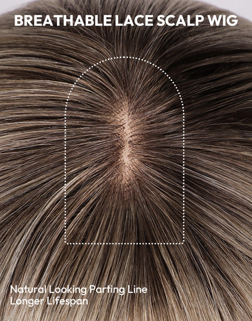 Top view close-up of Joy Minimalist Lace Wig featuring a breathable lace scalp and natural-looking parting line for a realistic scalp appearance and longer lifespan.
