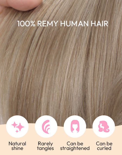 Extreme close-up of Joy Wig 100% Remy Human Hair in Ash Blonde, highlighting natural shine, tangle-free quality, and heat styling versatility (can be straightened and curled)