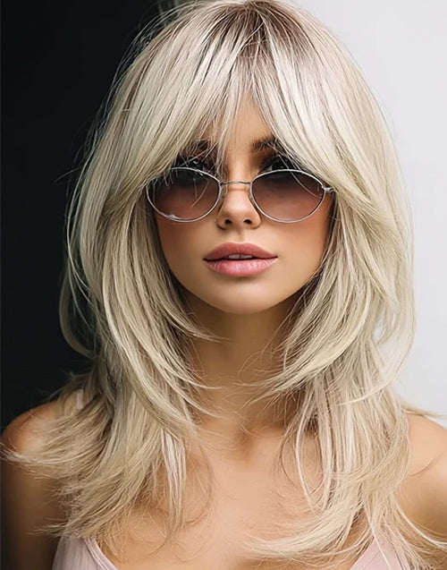 Julie- Ombre Blonde Layered Straight Glueless Wig With Curtain Bangs True-Hold Wig